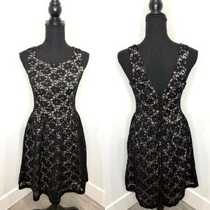 Bloom Black Nude Lace Midi Back Tie Dress (L)